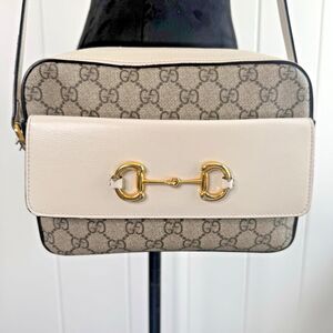 Authentic Gucci GG Supreme Horsebit 1955 Small Shoulder Bag Beige Mystic White